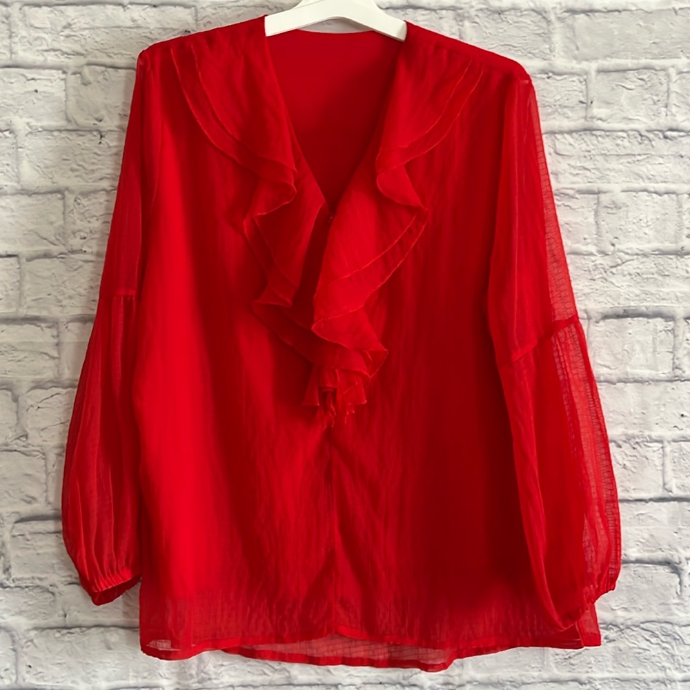 Red Ruffle V-Neck Blouse - Women